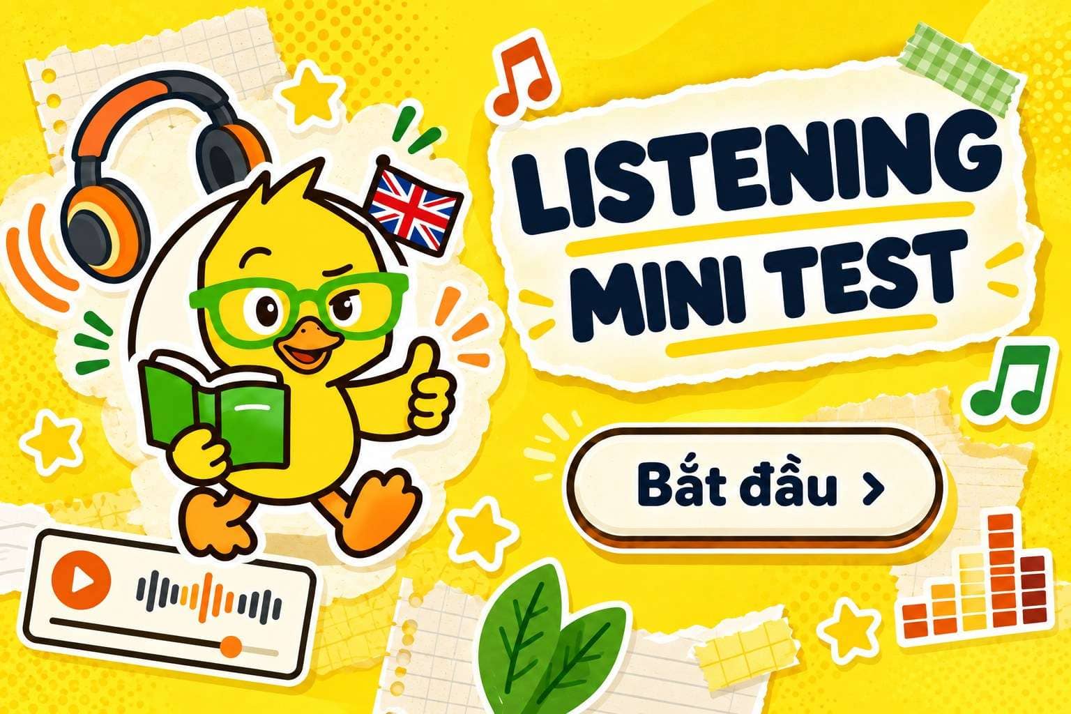 Listening Mini Test trên dukzi.com — luyện nghe ngắn với mascot vịt dukzi