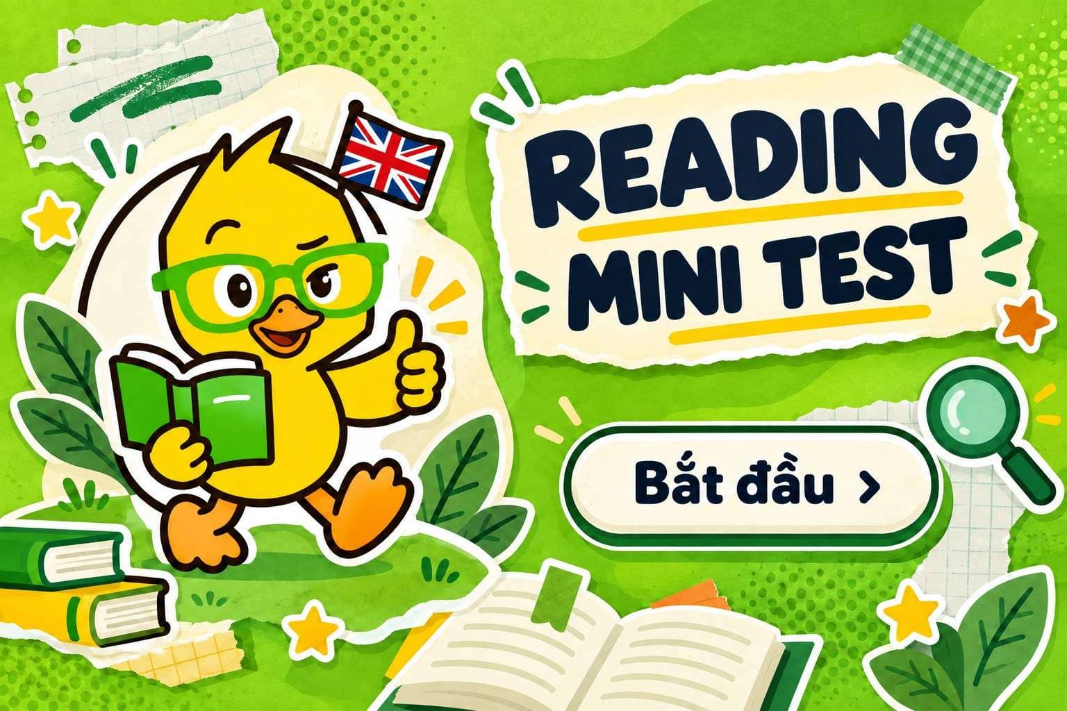 Reading Mini Test trên dukzi.com — bài đọc ngắn A2, B1, B2 với mascot vịt dukzi