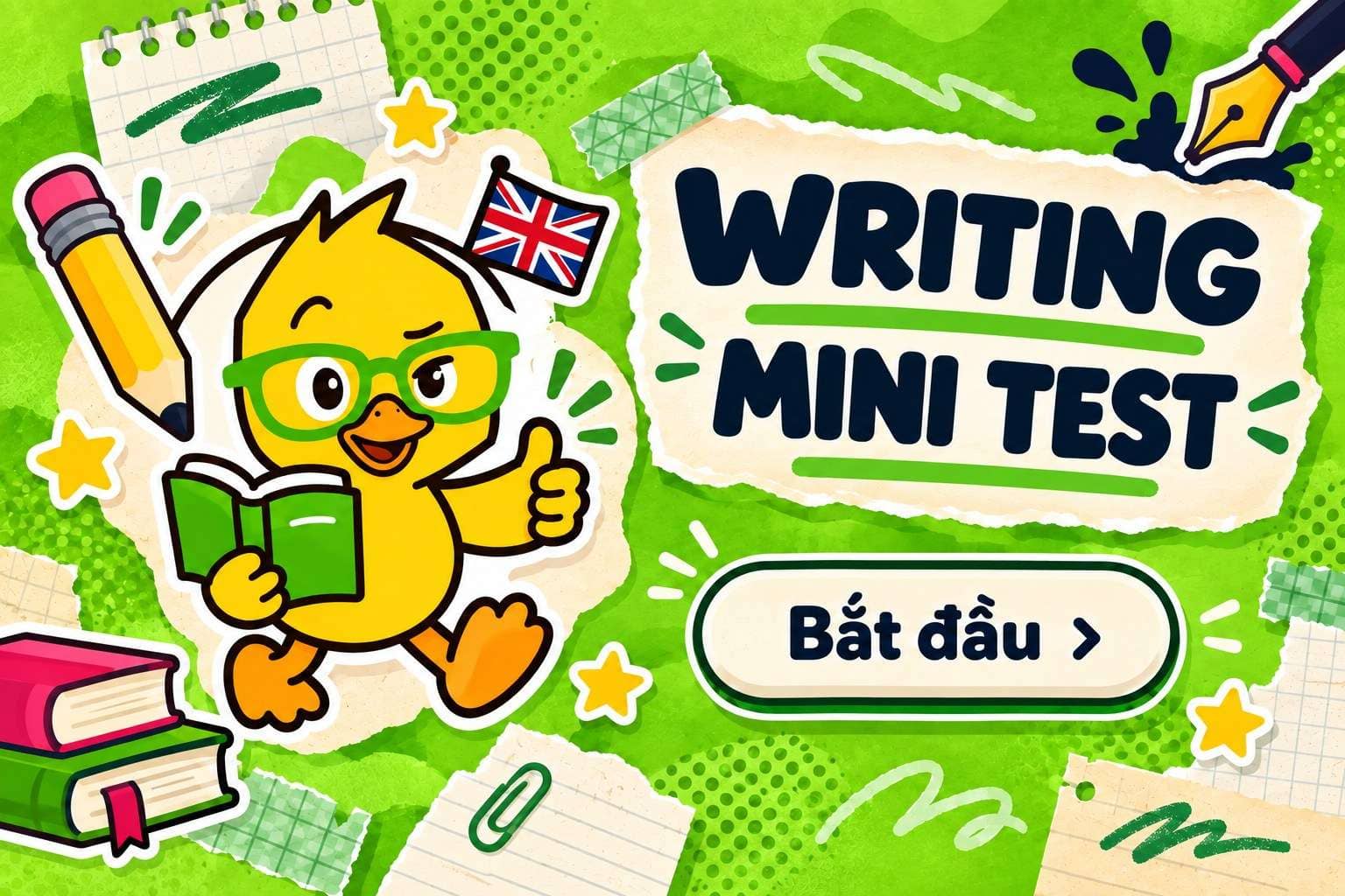 Writing Mini Test trên dukzi.com — luyện viết đoạn ngắn với mascot vịt dukzi